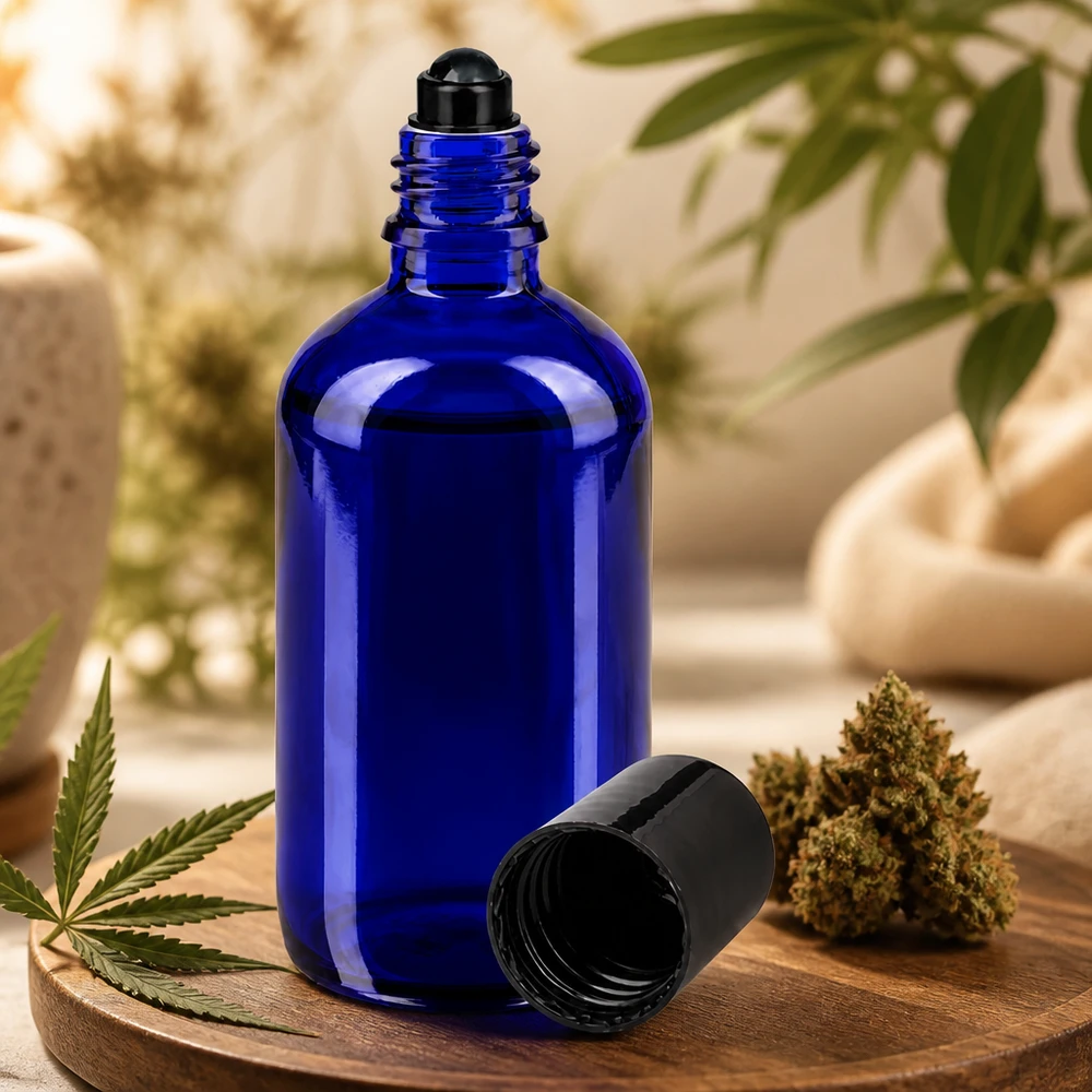 Blaues Apothekerglas 100ml mit schwarzer Rollkugel zur topischen Anwendung von Pflegeölen