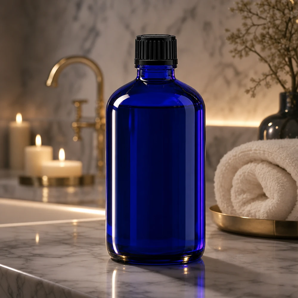 Blaue Apothekerflasche 100ml aus Glas vor elegantem Marmor-Badezimmer-Hintergrund