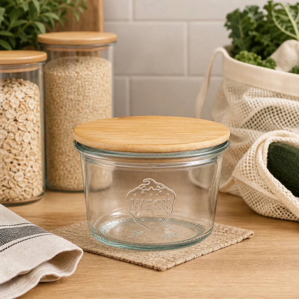 80ml Sturzglas WECK RR60 mit Holzdeckel WECK Sturzglas 80ml RR60 Holzdeckel nachhaltige Küche Vorratsorganisation umweltfreundliche Aufbewahrung Zero Waste