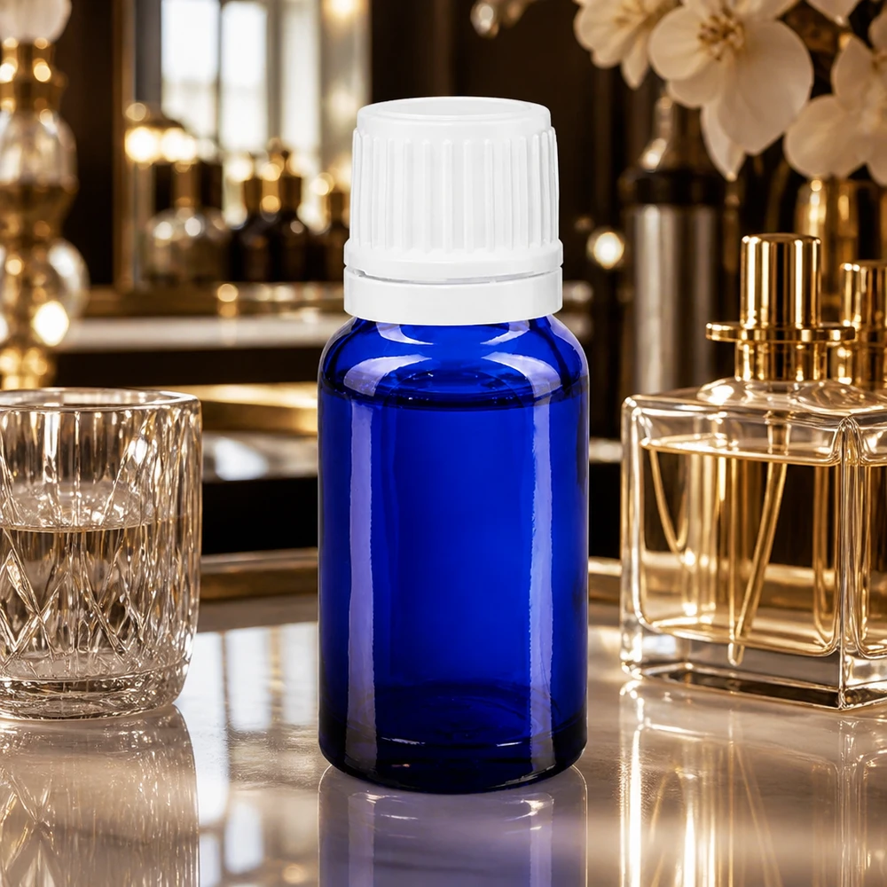 Apothekenflasche blau 10ml Schraubverschluss weiß Originalitätsverschluss Hochwertige blaue 10ml Glasflasche mit weißem Sicherheitsverschluss für Kosmetikprodukte