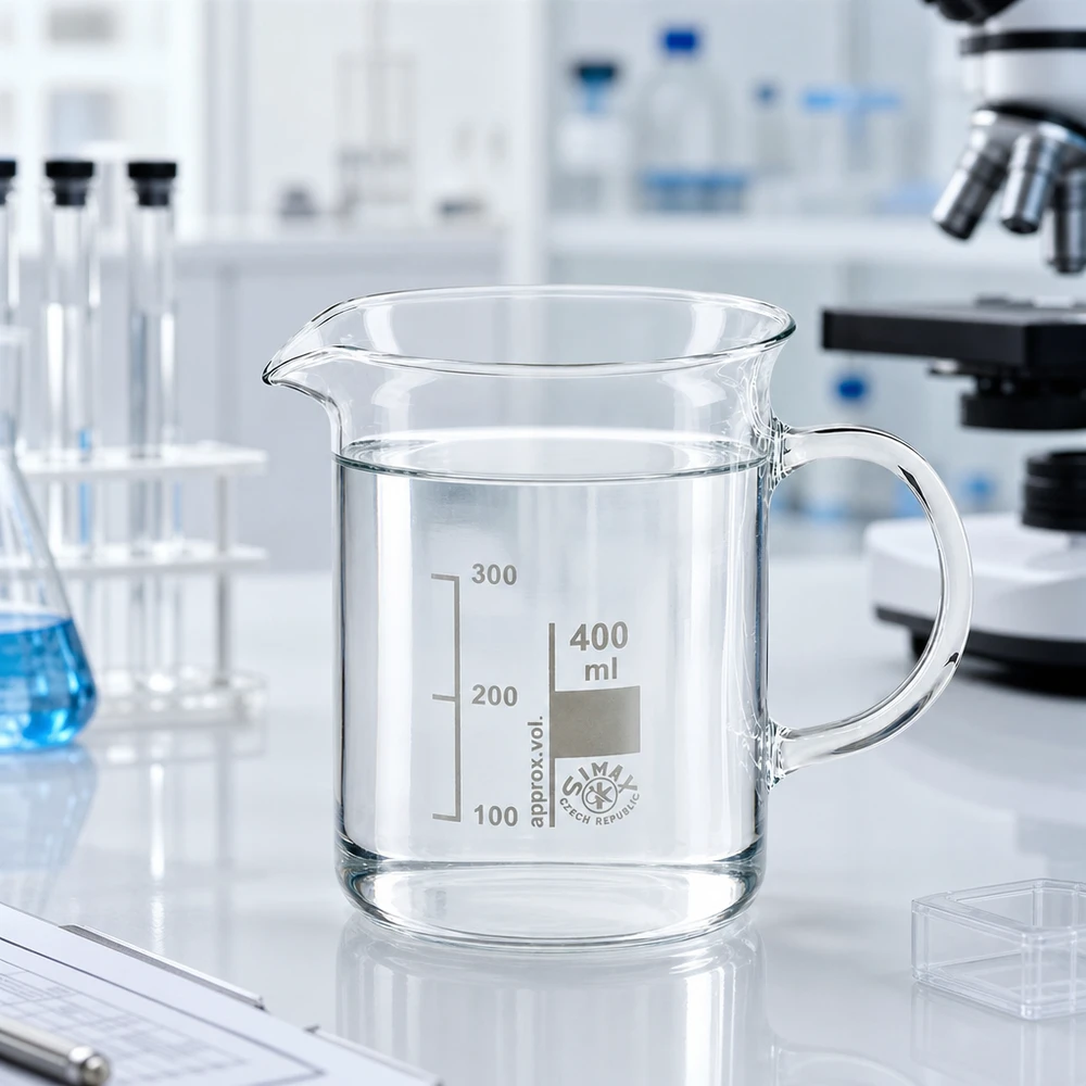 Bicchiere 400ml in vetro borosilicato, con manico Bicchiere di vetro trasparente da 400 ml con manico in un ambiente di laboratorio professionale su un piano di lavoro bianco