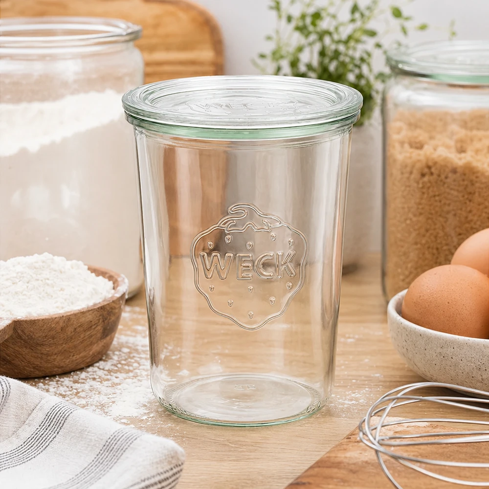 Bocal en verre de 850 ml avec couvercle en verre WECK RR100 WECK Einmachglas 850ml RR100 in Küchenumgebung mit Mehl Eiern und Küchenutensilien Sturzglas mit Glasdeckel