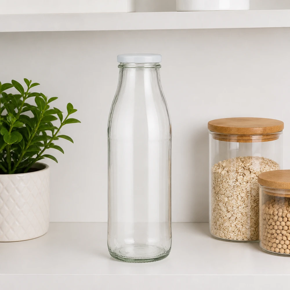 Bottiglia in vetro trasparente da 500 ml con coperchio BasicSeal bianco sul piano di lavoro bianco della cucina, accanto a contenitori di stoccaggio