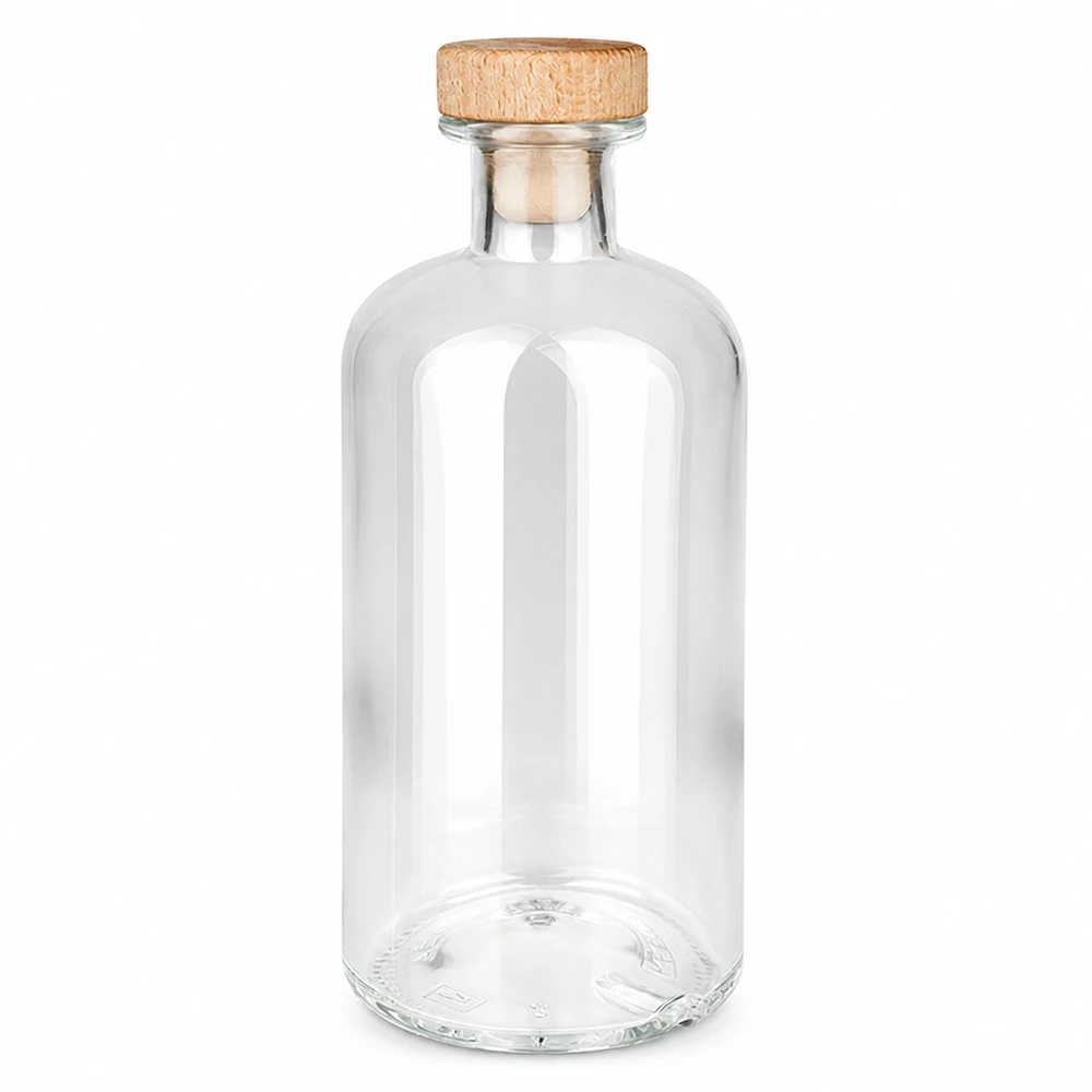 Flacone farmaceutico da 500 ml Flora con tappo in sughero con impugnatura in legno UNiTWIST® Bottiglia in vetro da 500 ml Flora con manico in legno e tappo in sughero UNiTWIST trasparente vuota su sfondo bianco