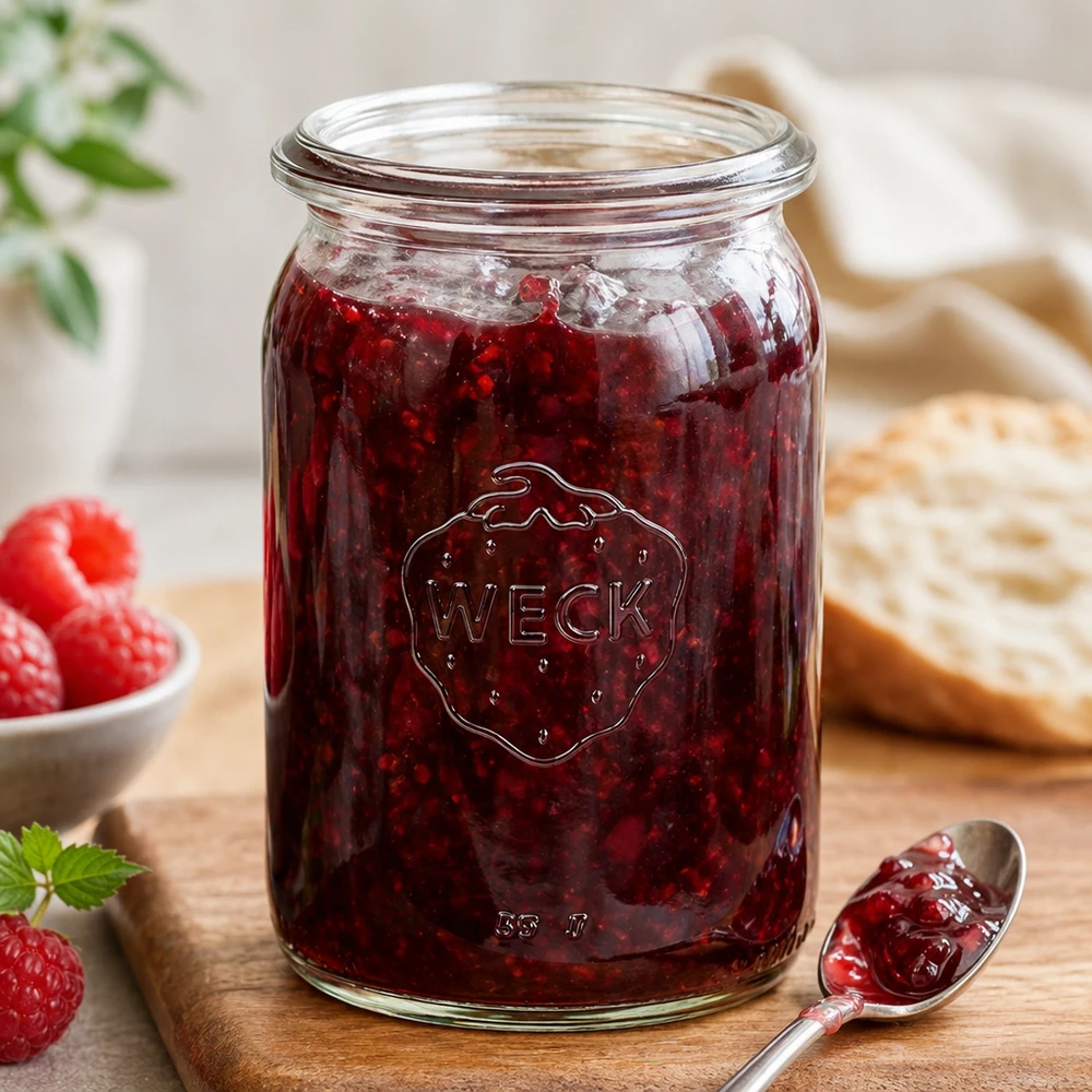 Vaso da conserva WECK RR40 da 145 ml riempito di marmellata rossa e cucchiaio su tavola di legno accanto a fragole e pane