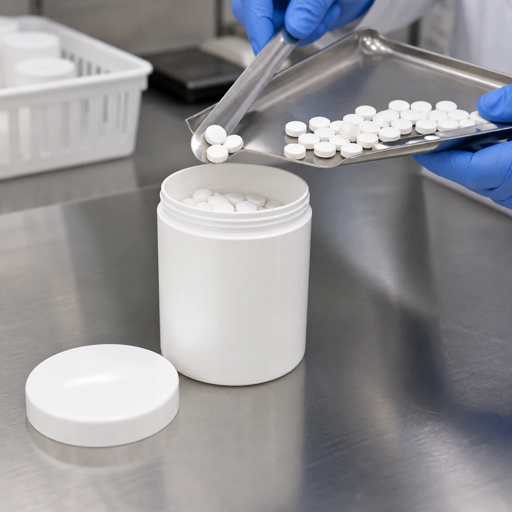 Remplissage d'un pot en PP de 30 g avec des comprimés ronds blancs à l'aide d'une pelle en acier inoxydable en laboratoire