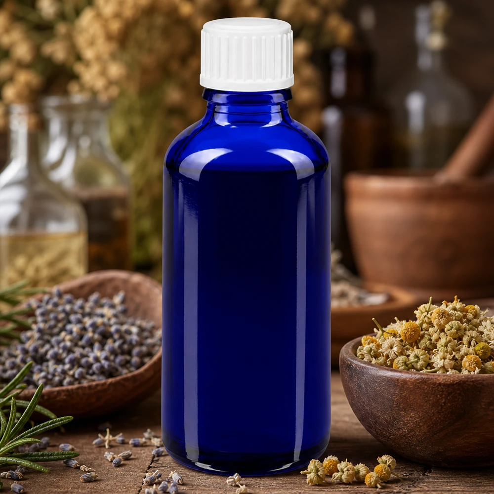 Apothekenflasche blau 50ml Schraubverschluss weiß Globuli Standard Blaue GR-Standardflasche 50ml Apothekerglas mit weißem Schraubverschluss im Naturheilkunde-Setting