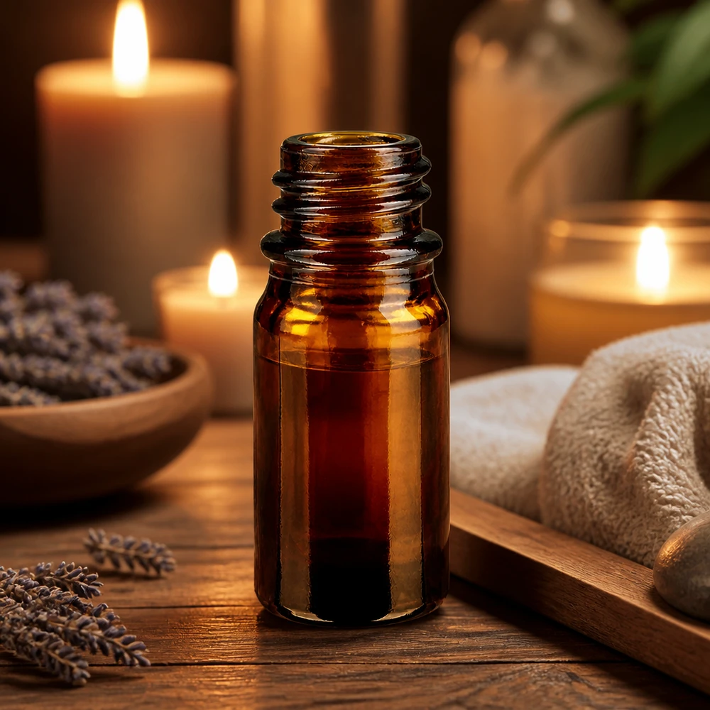 Flacone farmaceutico marrone da 5 ml ApoGlas Flacone da 5 ml ApoGlas marrone a lume di candela con asciugamano e decorazione spa su tavolo in legno