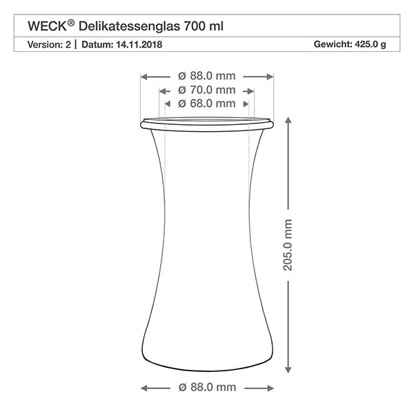Vaso da 700 ml per gastronomia WECK RR80 con tappo in sughero naturale WECK RR80 Delikatessenglas 700ml technische Zeichnung mit Maßangaben Durchmesser 88mm Höhe 205mm Gewicht 425g