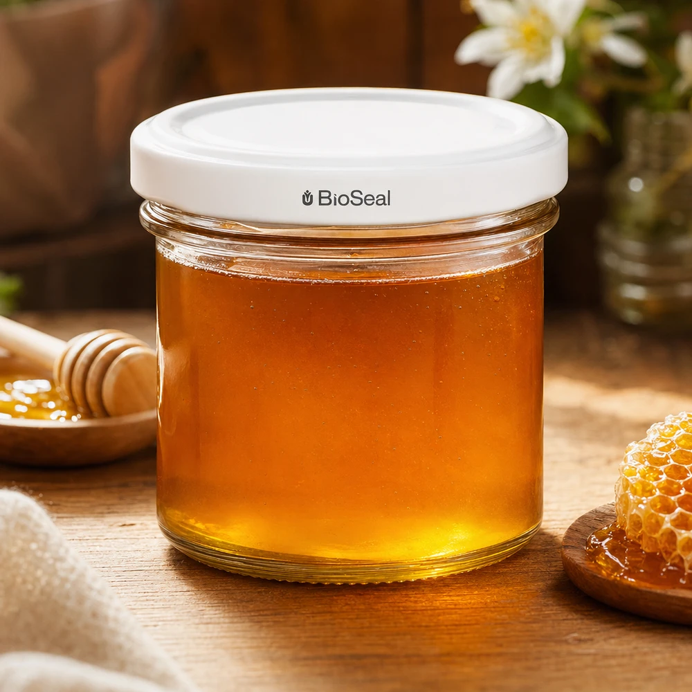 125ml Sturzglas mit BioSeal Deckel weiß UNiTWIST UNiTWIST Sturzglas 125ml mit Honig befüllt weißer TO66 BioSeal Deckel Honigglas Waben Holztisch natürlich
