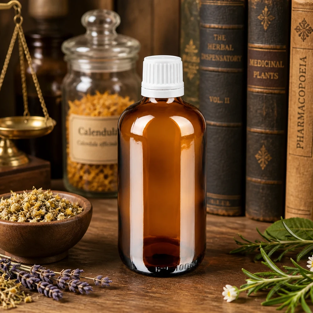 Flacon de pharmacie brun 100ml bouchon compte-gouttes 1.2mm blanc bouchon d'inviolabilité Petite bouteille en verre brun de 100 ml, munie d'un bouchon de sécurité blanc pour enfants et d'un compte-gouttes de précision