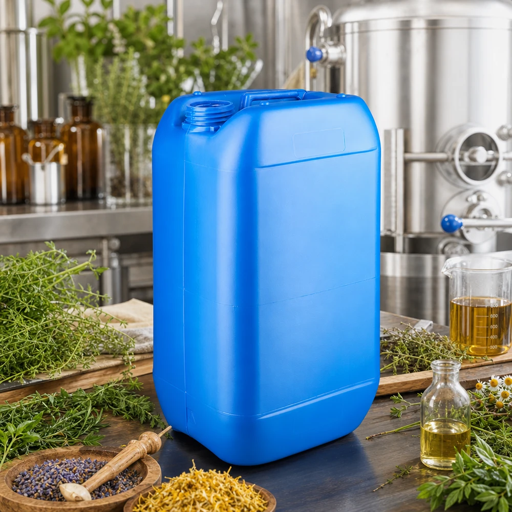Bidon 15 litres bleu sans bouchon Bidon bleu de 15 litres sans bouchon, entouré d'herbes et d'huiles essentielles dans une usine