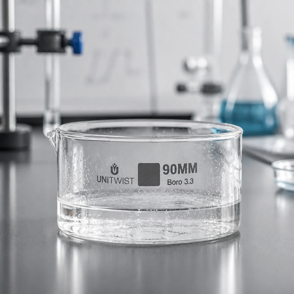 Cristallisoir ø90mm verre borosilicaté UNiTWIST Coupelle de cristallisation ronde, ø 90 mm, avec bec verseur, en verre borosilicaté Boro 3.3, UNiTWIST Labor