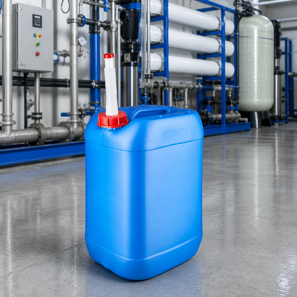 Bidon 25 litres bleu avec tube de vidange Flex Système de traitement de l'eau avec bidon bleu de 25 litres et tuyau de sortie flexible pour les produits chimiques