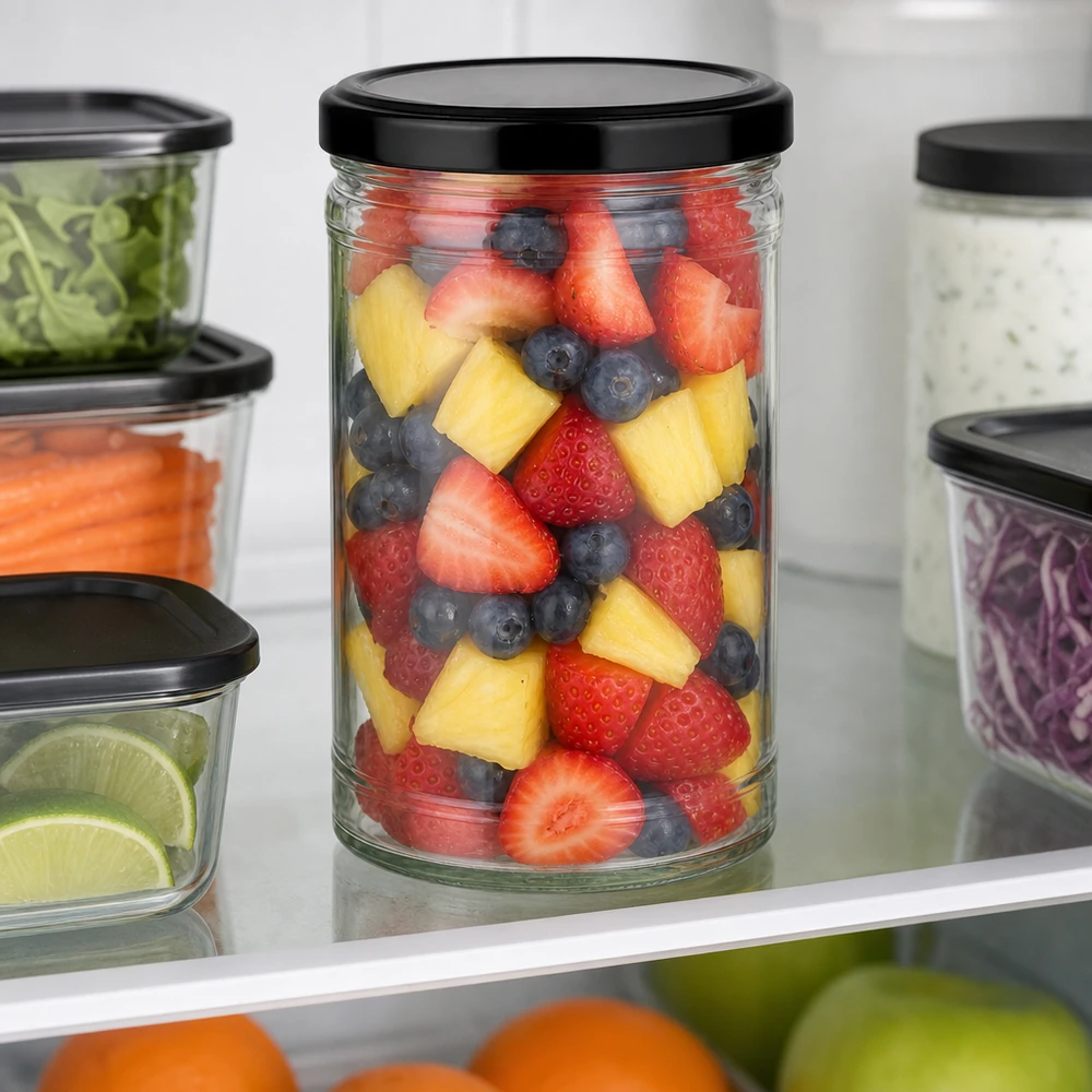 1053ml Sturzglas mit BasicSeal Deckel schwarz UNiTWIST 1053ml Sturzglas mit schwarzem Deckel voller Obstsalat im Kühlschrank neben anderen Vorratsgläsern mit Gemüse