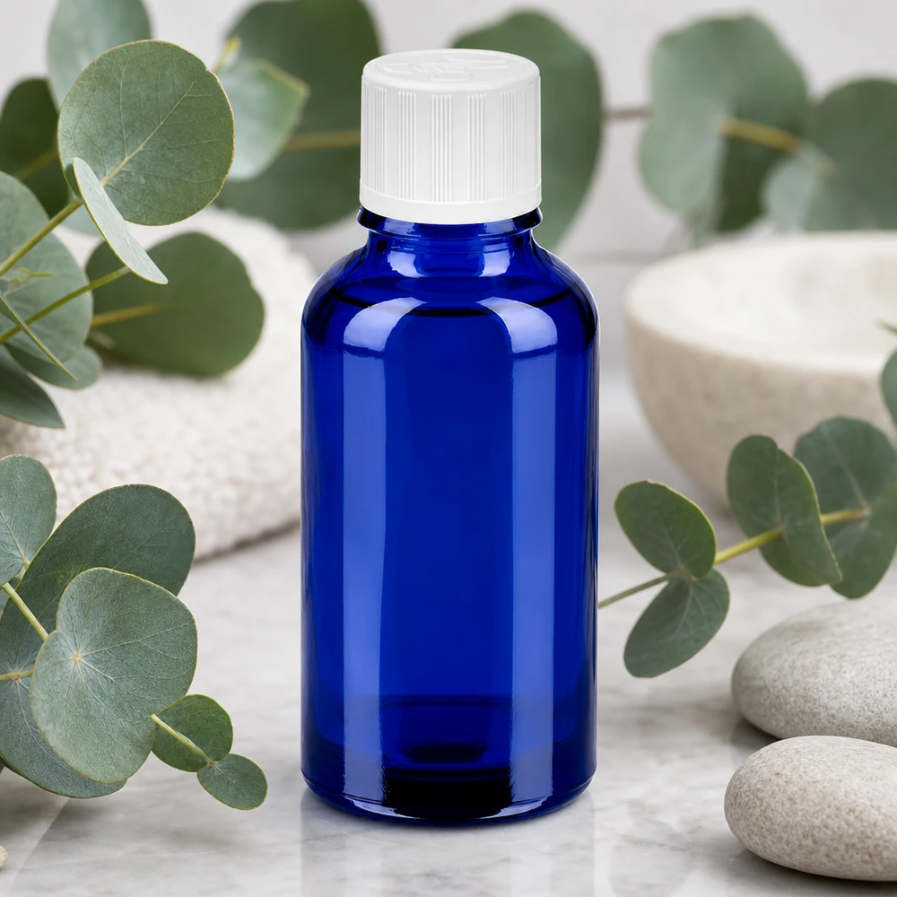 Piccolo flacone in vetro blu da 30 ml perfettamente porzionato per sieri e principi attivi concentrati