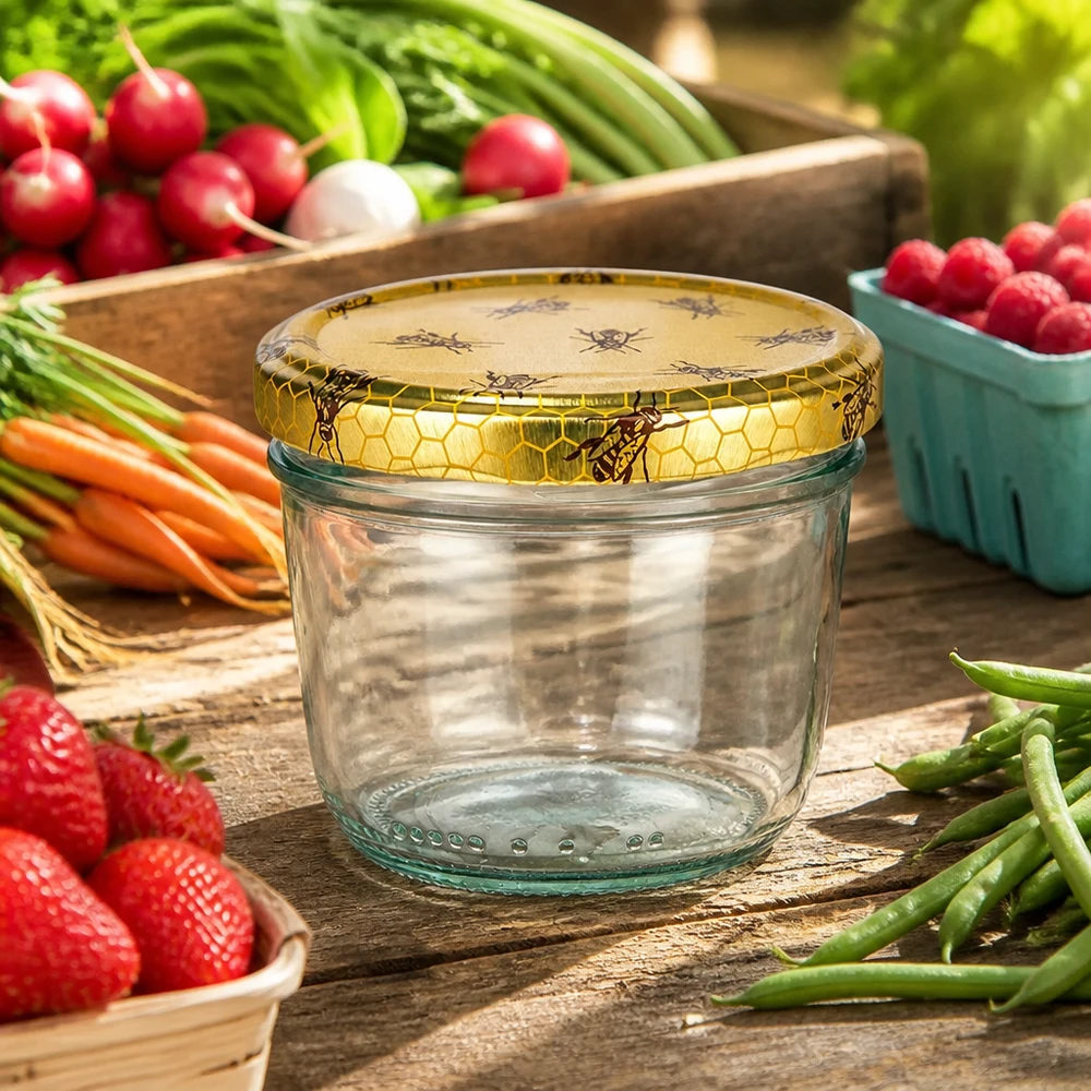 230ml Sturzglas + BasicSeal Deckel Bienenwabe UNiTWIST 230ml Sturzglas mit Bienenwaben-Deckel umgeben von frischem Gemüse und Obst auf rustikalem Holztisch