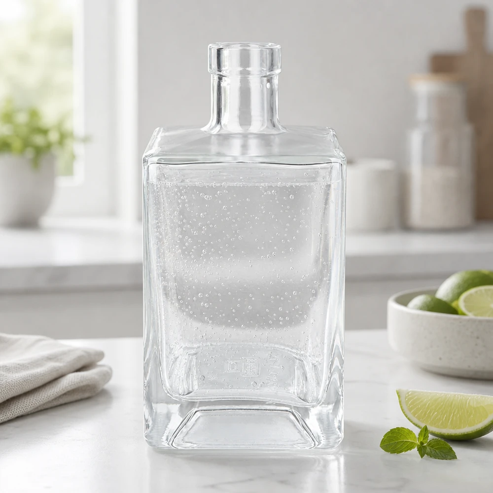 Bottiglia di vetro da 700 ml di Ben riempita di acqua minerale che si rinfresca nelle cucine moderne insieme a lime e menta