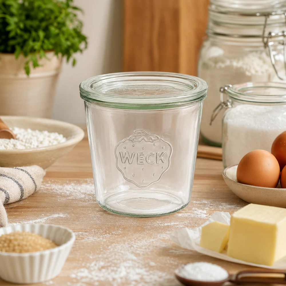 Bocal en verre de 580 ml avec couvercle en verre WECK RR100 WECK 580ml Sturzglas RR100 leer auf Holzarbeitsplatte zwischen Backzutaten wie Mehl Eiern und Butter in Küche