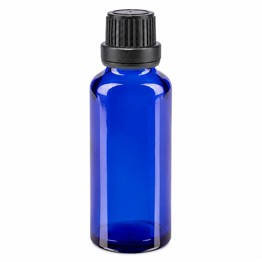 Blaue 30ml Glasflasche mit SV OV Verschluss 11mm schwarz für Tropfen und Tinkturen geeignet
