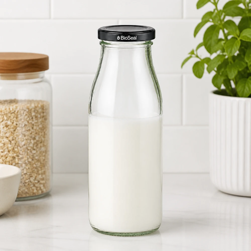 500ml Glasflasche + BioSeal Deckel schwarz UNiTWIST 500ml Glasflasche mit Milch gefüllt und schwarzem BioSeal Deckel auf Küchenarbeitsplatte neben Vorratsgläsern