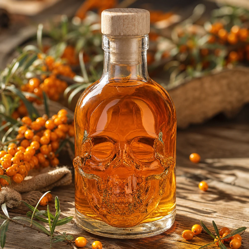Bottiglia in vetro da 200 ml Jack con tappo in sughero con impugnatura in legno UNiTWIST® Bottiglia in vetro Jack da 200 ml di colore ambrato con teschio in rilievo tra bacche di olivello spinoso su un tavolo di legno rustico