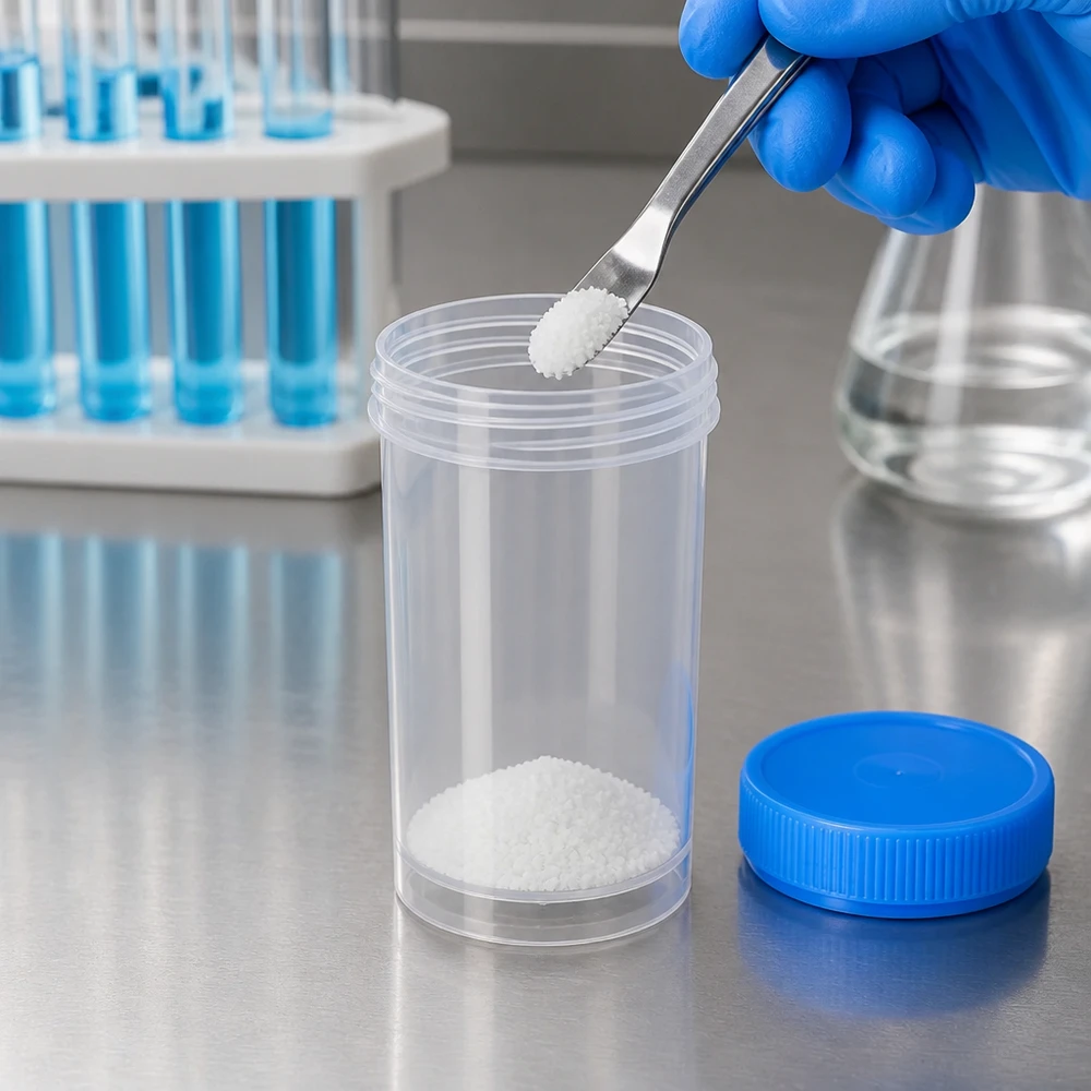 Boîte en plastique de 100 ml adaptée au contact alimentaire, avec couvercle bleu à fermeture de sécurité pour enfants