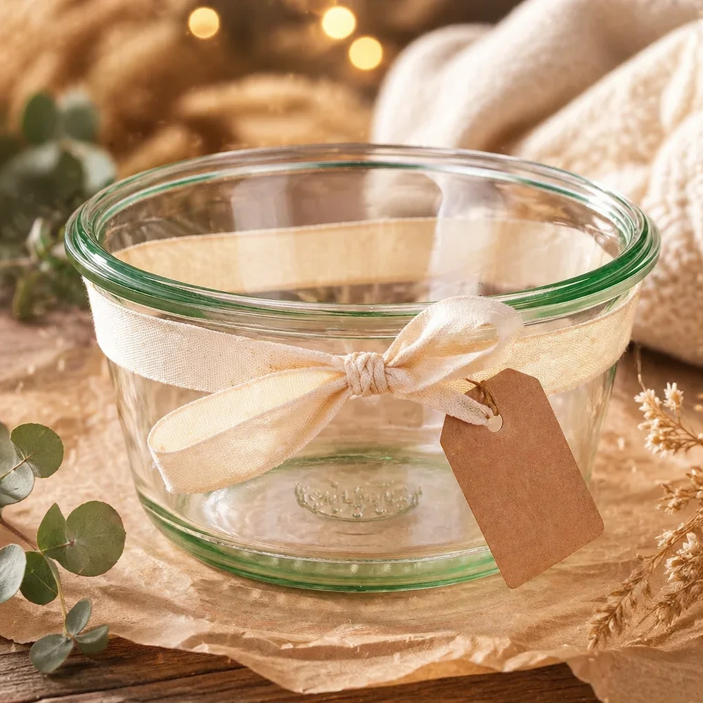 Vasetto gourmet da 290 ml WECK RR100 WECK RR100 290ml Gourmetglas dekorativ mit Schleifenband und Anhänger als Geschenkidee auf natürlich gedecktem Tisch