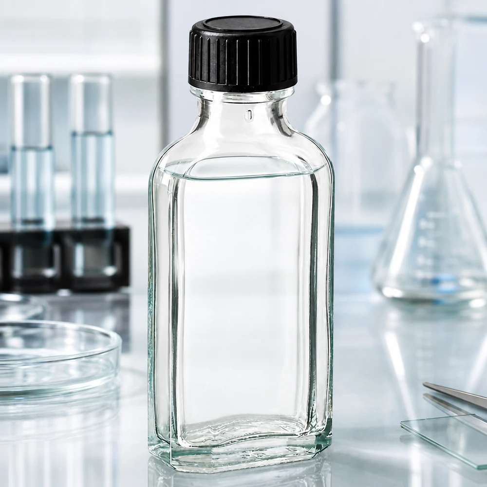 Flacone Meplat da 50 ml in vetro trasparente con tappo a vite scanalato, utilizzato in ambito di laboratorio