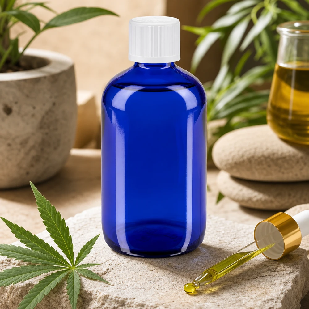 Flacon de pharmacie bleu 100ml bouchon compte-gouttes blanc sécurité enfant std Flacon de pharmacie bleu de 100 ml orné d'une feuille de CBD et muni d'un compte-gouttes doré, destiné aux produits naturels