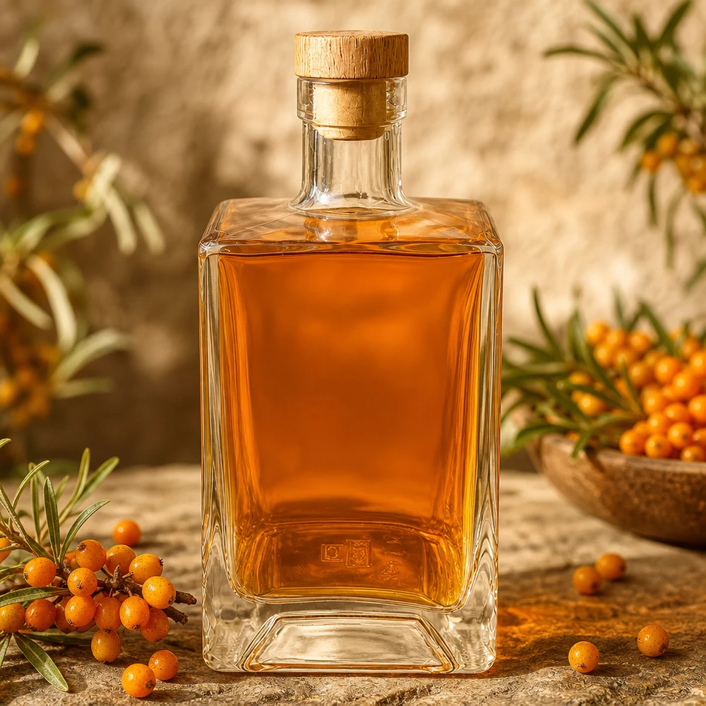 Bottiglia in vetro da 700 ml Ben riempita di liquore all'olivello spinoso arancione tra bacche di olivello spinoso decorazione naturale UNiTWIST Ho