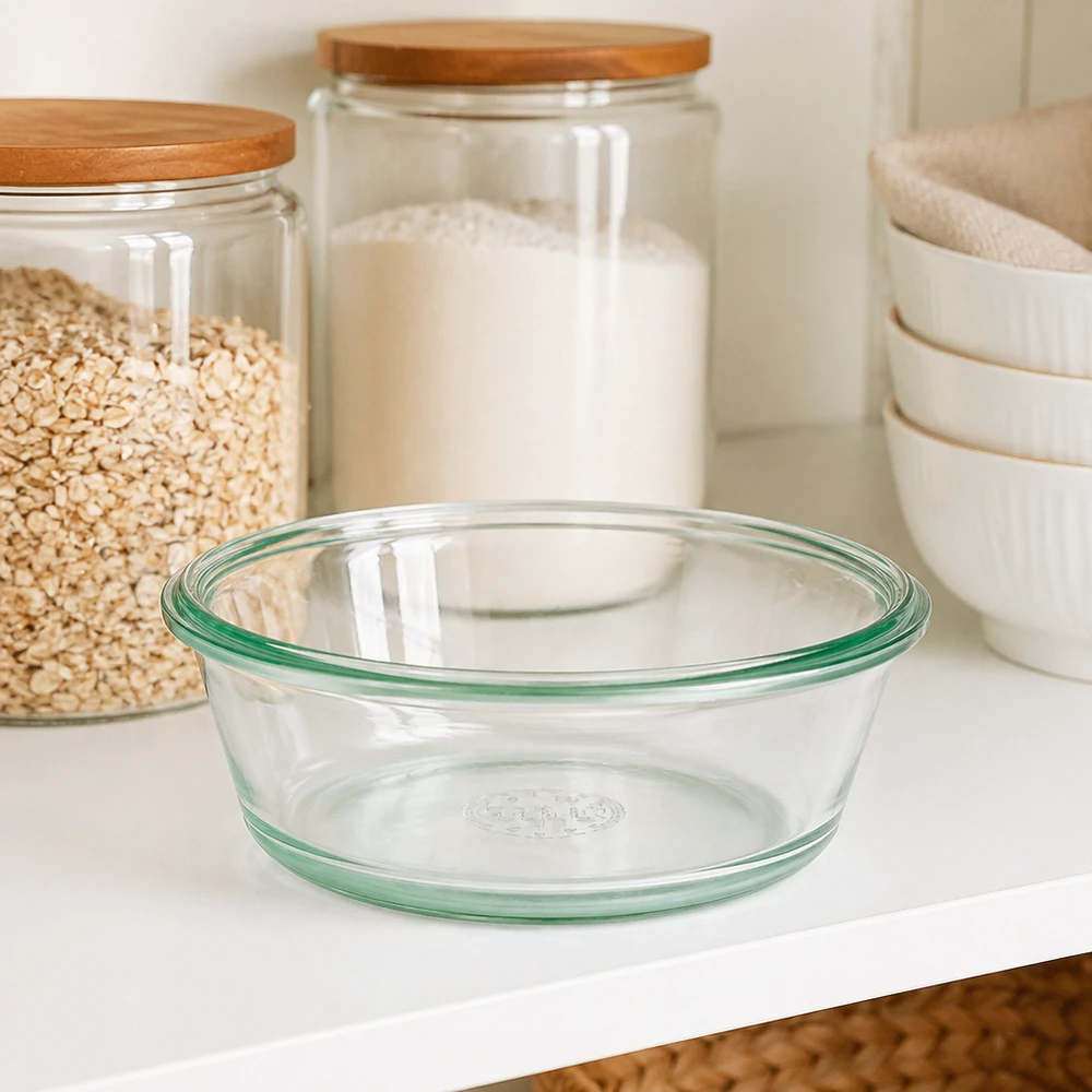 WECK RR120 Gourmetglas 300ml leer auf weißer Küchenarbeitsplatte neben Vorratsgläsern zeigt klares Design