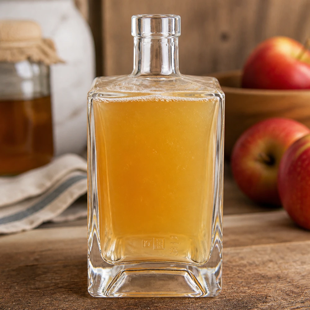 Bottiglia di vetro da 700 ml Ben riempita di succo di mela accanto a mele rosse su tavola di legno atmosfera naturale in cucina