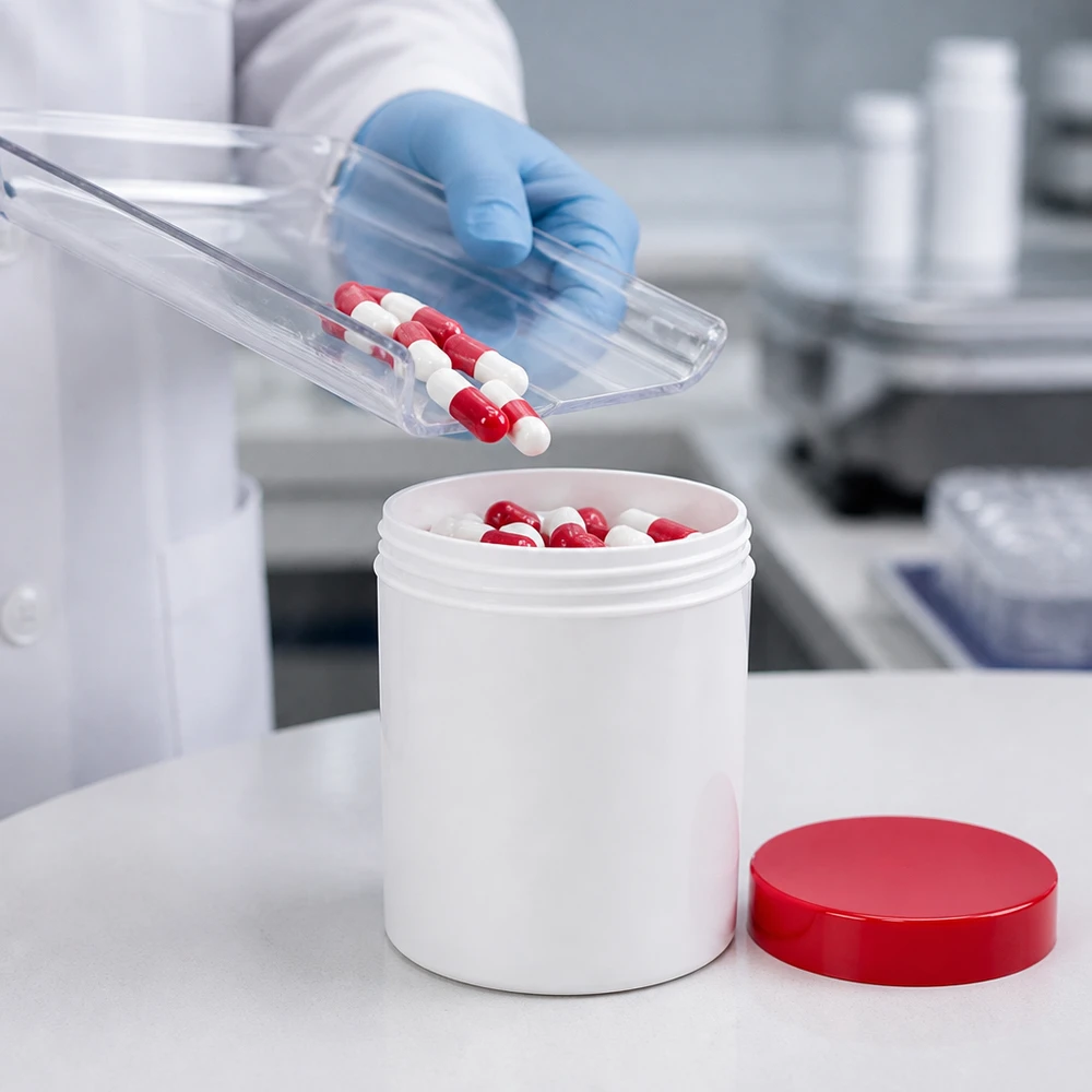 Pot en PP blanc de 20 g avec couvercle à vis rouge, conforme aux normes GMP, adapté aux environnements pharmaceutiques stériles