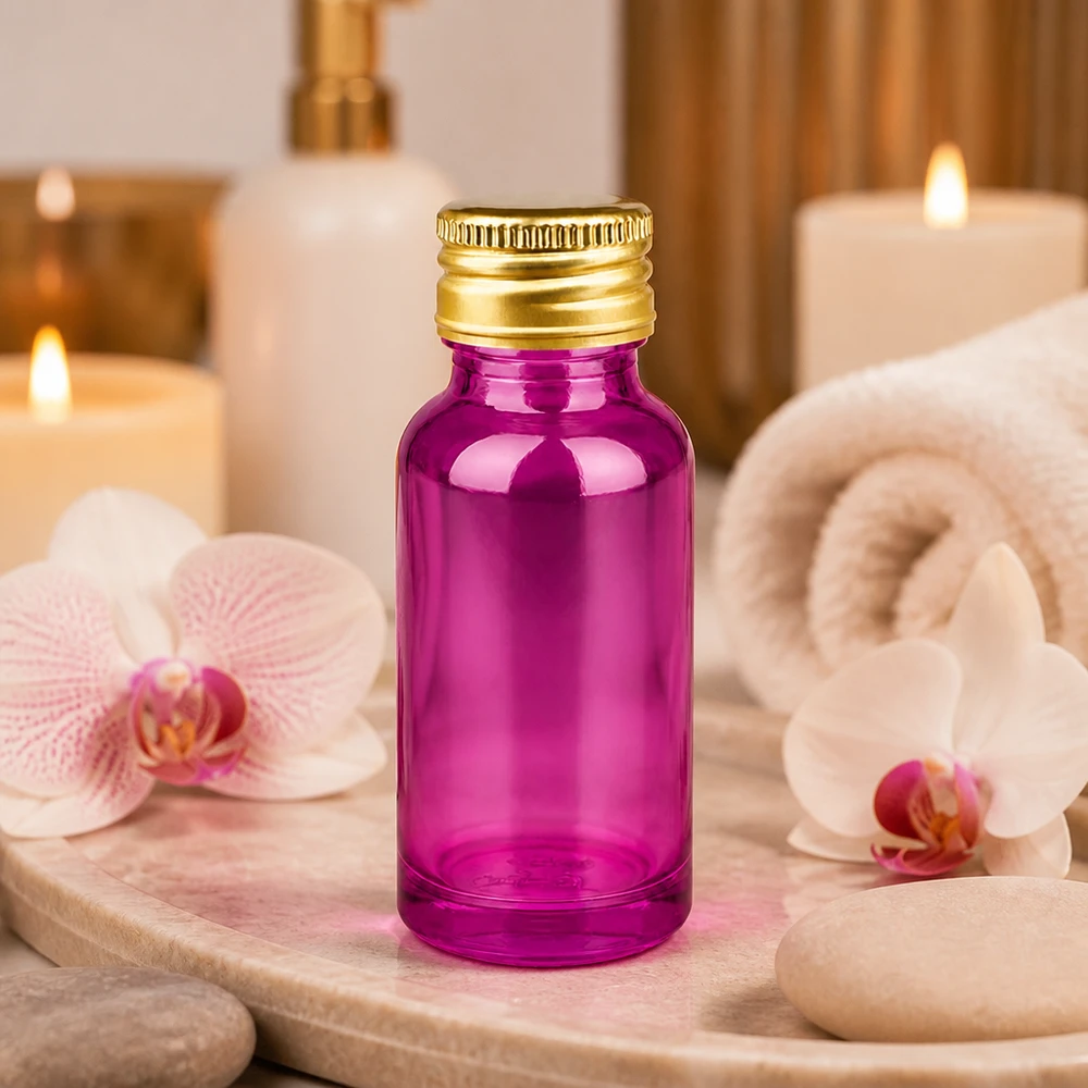 20ml Flasche 11mm Schraubverschluss Alu-Gold Standard PurpleLine. UT18/20 Elegante 20ml Violett-Glasflasche mit 11mm Gold-Aluminiumverschluss für exklusive Pflegeprodukte
