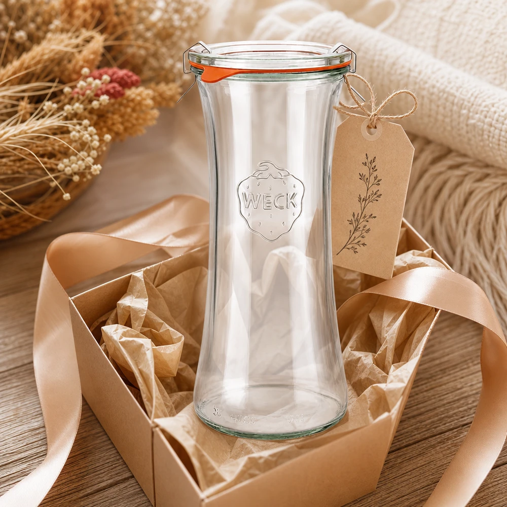 Vasetto da 700 ml completo WECK RR80 Barattolo per salumi WECK 700ml RR80 confezionato con fiocco ed etichetta in decorazione rustica