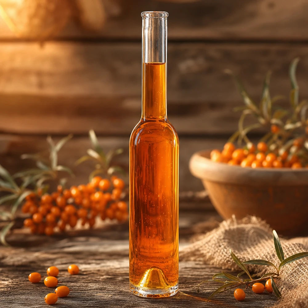 200ml Glasflasche Hugo orange befüllt mit Sanddornlikör Sanddornbeeren Holzhintergrund natürliche Zutaten