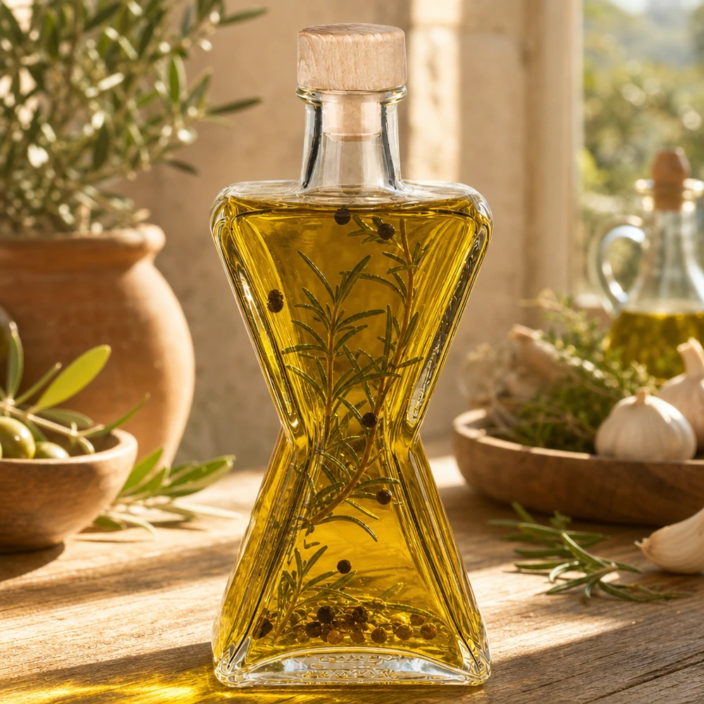 Bottiglia di vetro da 200 ml Star riempita con olio alle erbe e rosmarino - tappo di legno UNiTWIST per oli e aceti aromatizzati