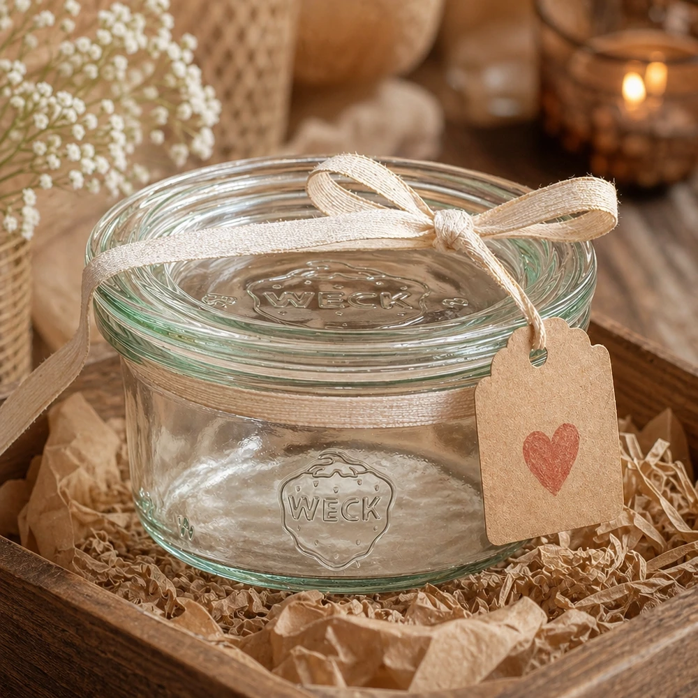 50ml Sturzglas mit Glasdeckel WECK RR60 WECK Sturzglas 50ml dekorativ als Geschenk mit Schleifenband und Herzanhänger in rustikalem Ambiente präsentiert