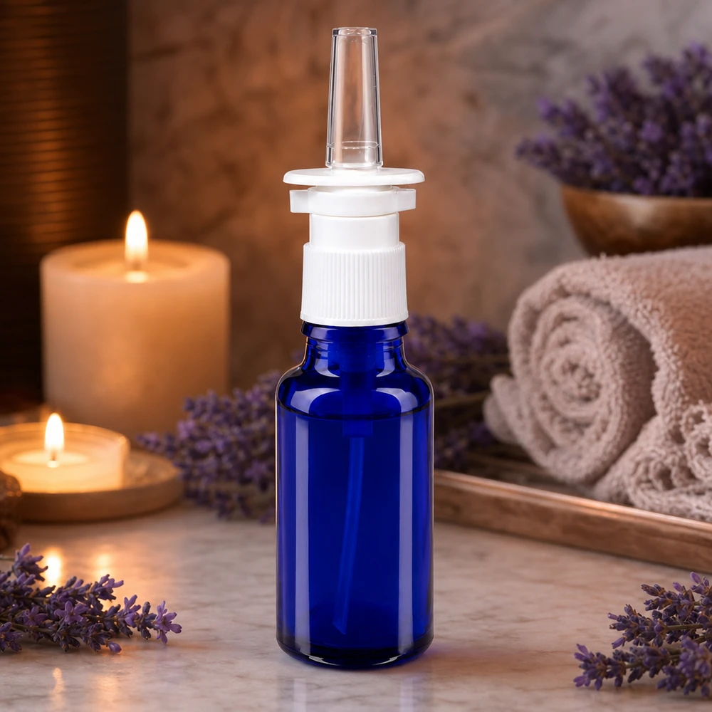 Aromatherapie-Nasenspray 20ml in blauer Glasflasche mit transparenter Sprayspitze und Wellnessdekoration