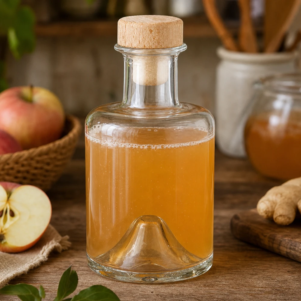 Flacone farmaceutico da 200 ml Sofia con tappo in sughero con impugnatura in legno UNiTWIST® Bottiglia in vetro di Sofia da 200 ml con tappo in legno riempita di aceto di sidro di mele accanto a mele e zenzero in una scena di cucina naturale