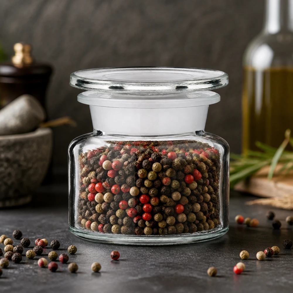 Idea barattolo per spezie: bottiglia da farmacia a collo largo da 50 ml, in vetro trasparente. Flacone da farmacia a collo largo da 50 ml in vetro trasparente, utilizzato come portapepe con pepe colorato decorativo