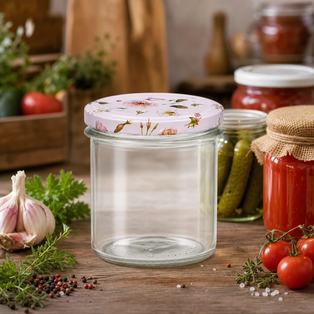 Bicchieri da 350 ml con coperchi a fiore rosa in cucina accanto a cetrioli sott'aceto, pomodori in scatola ed erbe fresche.