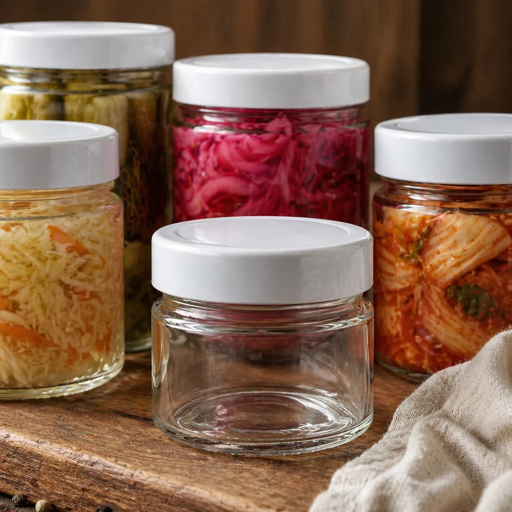 Barattolo rotondo da 80 ml vuoto con coperchio BasicSeal bianco accanto a barattoli pieni di verdure sottaceto e alimenti fermentati
