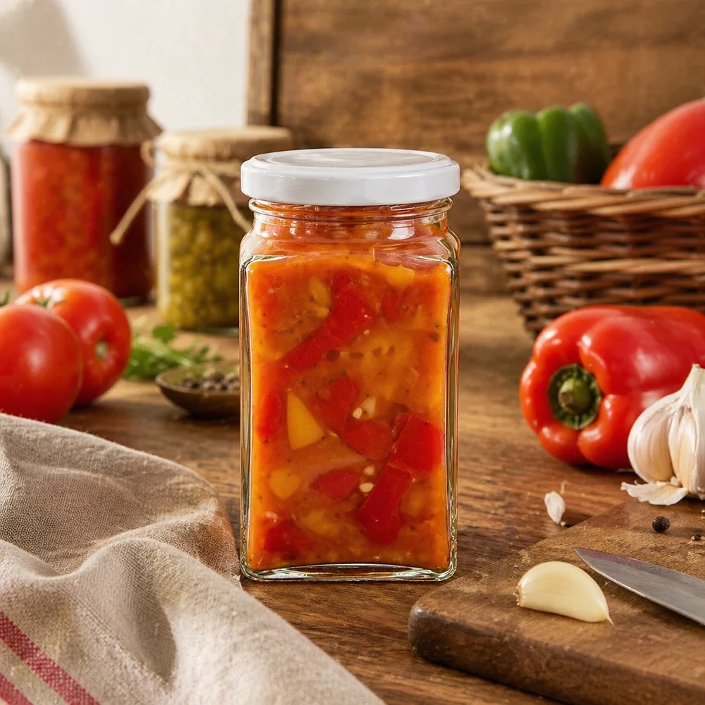 Barattolo tetra da 260 ml di BasicSeal riempito con crema spalmabile per verdure accanto a peperoni, pomodori e conserve rustiche all'aglio