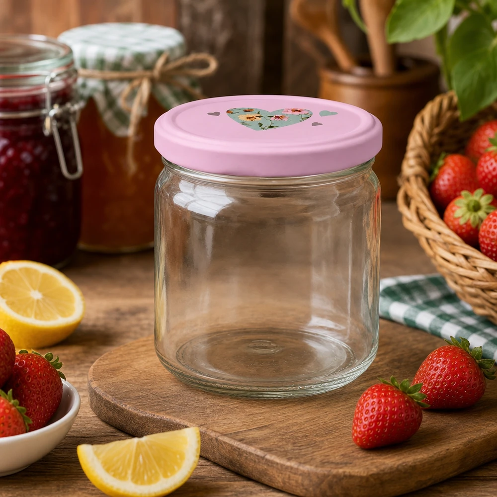 Vaso rotondo da 408 ml con coperchio a cuore BasicSeal rosa circondato da fragole e limoni freschi per la marmellata