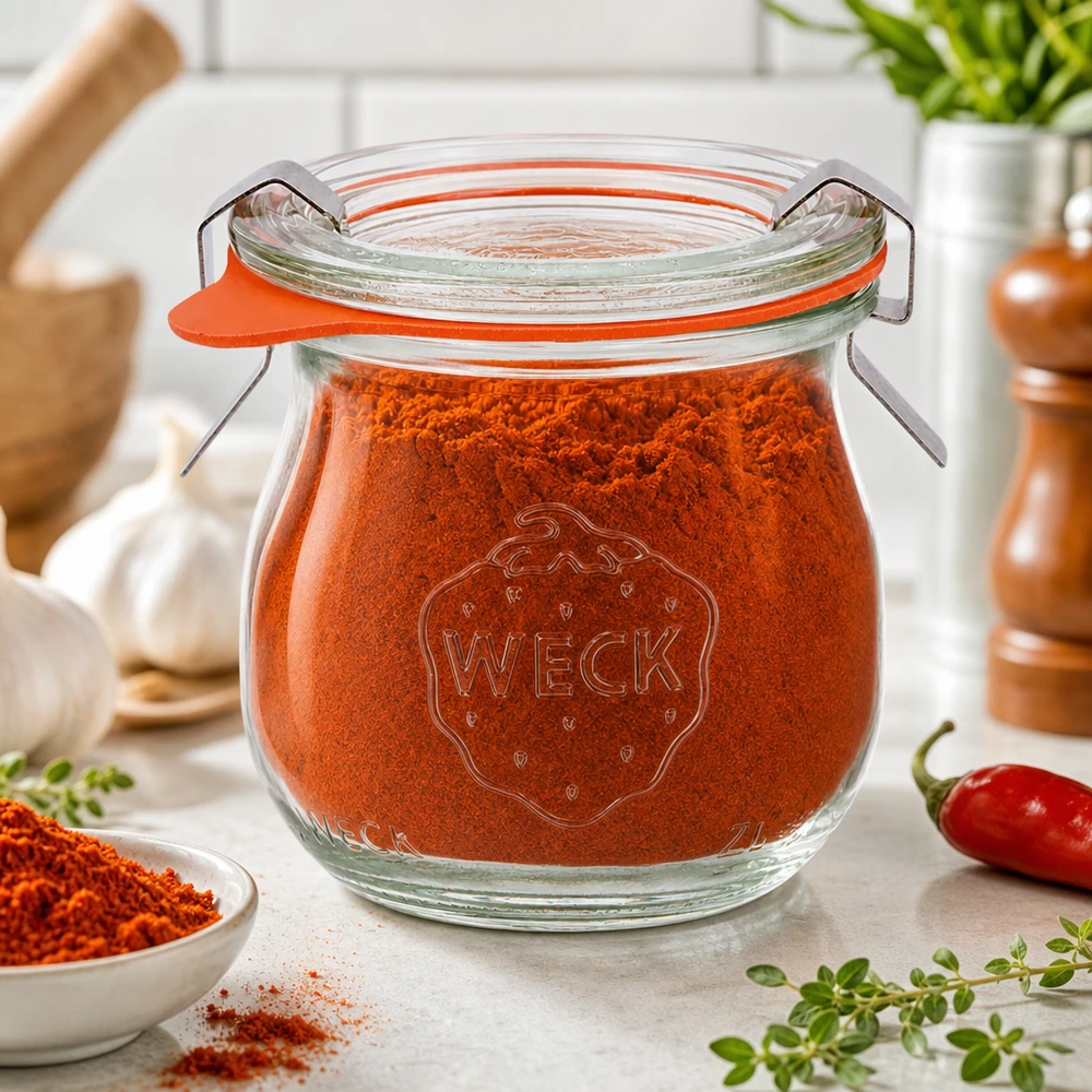 Barattolo a tulipano da 75 ml completo WECK RR40 WECK barattolo a tulipano 75ml RR40 riempito di paprika in polvere nella cucina mediterranea delle spezie con erbe fresche e peperoncino
