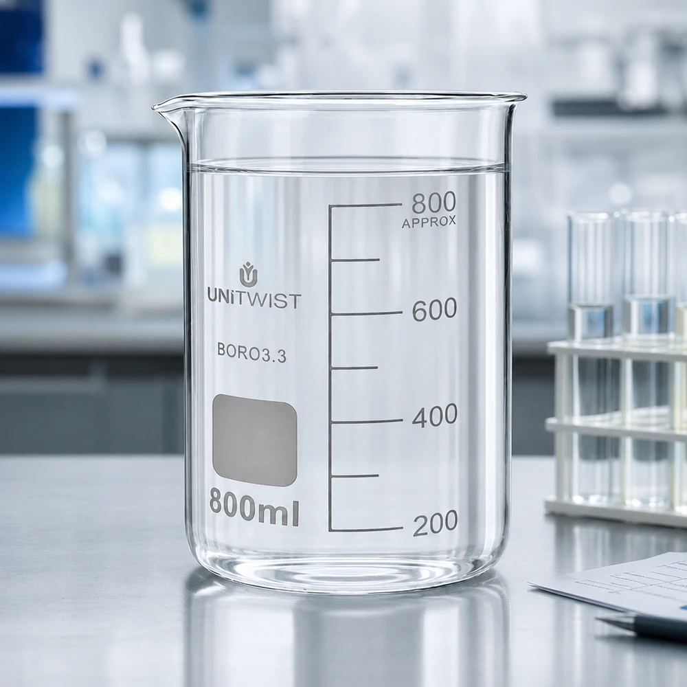 Bicchiere 800ml borosilicato, stampo alto UNITWIST Bicchiere da laboratorio trasparente da 800 ml, modello alto UNITWIST BORO3.3, su un tavolo da laboratorio bianco con provette