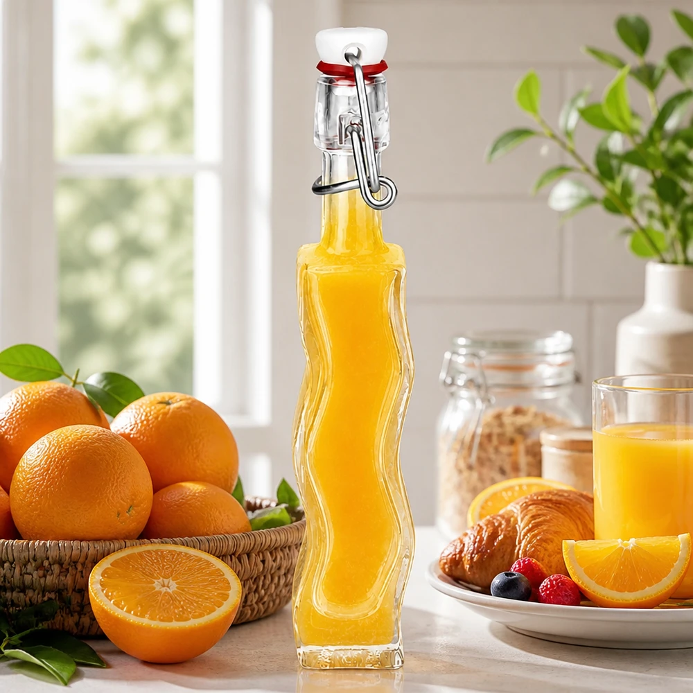 Flacone in vetro da 40 ml Fila con tappo a clip in PVC UNiTWIST® Bottiglia in vetro Anna da 40 ml con ripieno arancione accanto ad arance fresche e croissant in una scena di cucina soleggiata