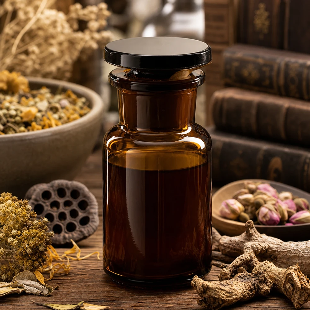 Bottiglia a spalla tonda 50ml marrone collo largo tappo in vetro Piccola bottiglietta di vetro ambrato da 50 ml con collo largo e tappo, circondata da erbe medicinali essiccate e radici